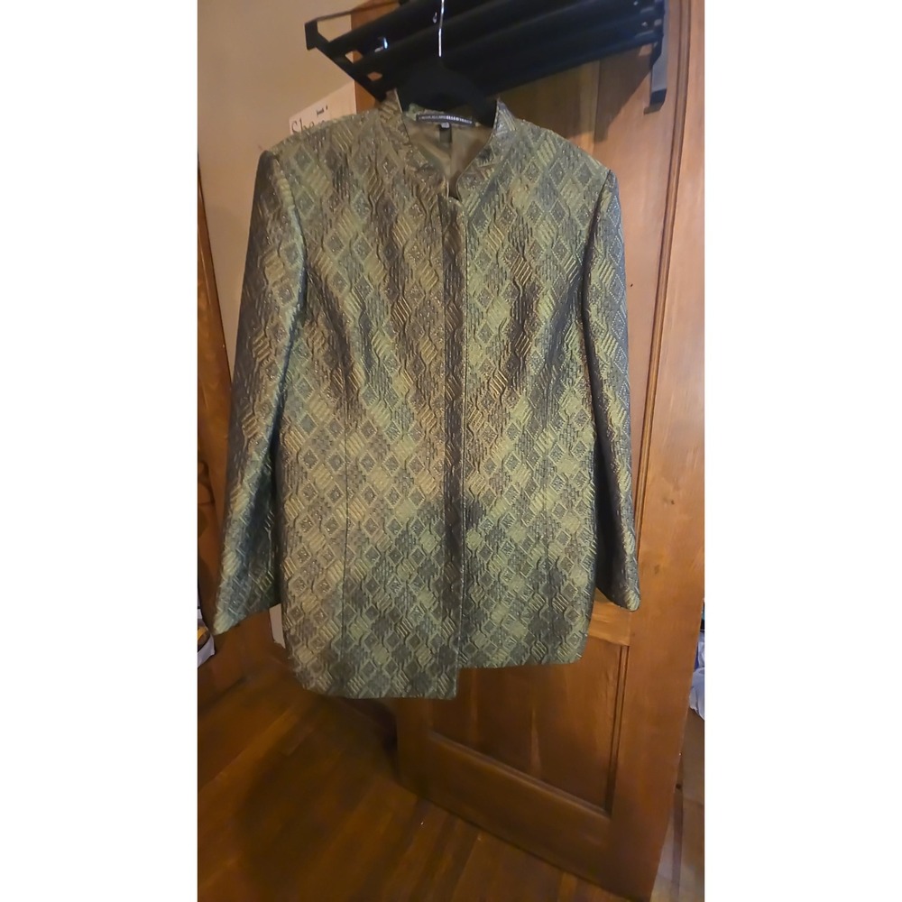 Linda Allard Ellen Tracy Green Jacquard Brocade Blazer Vintage Size 16